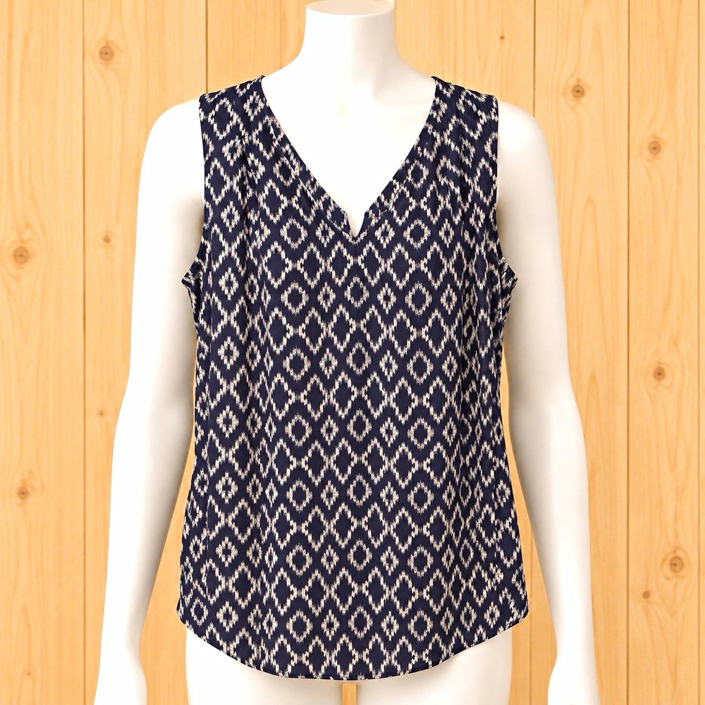 Banana Republic Women's XS Blue White Geo V-Neck Sleeveless Pleated Blouse[5A]